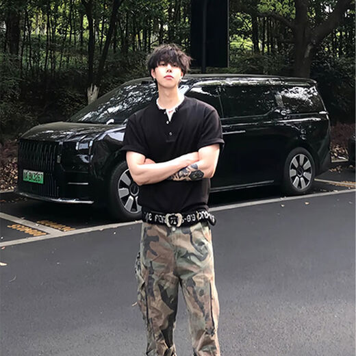 Black waffle Henry collar short-sleeved men's handsome T-shirt American polo shirt cleanfit bottoming shirt floral gray upgraded model XL XL recommended 135-150Jin Jin equals 0.5 kg