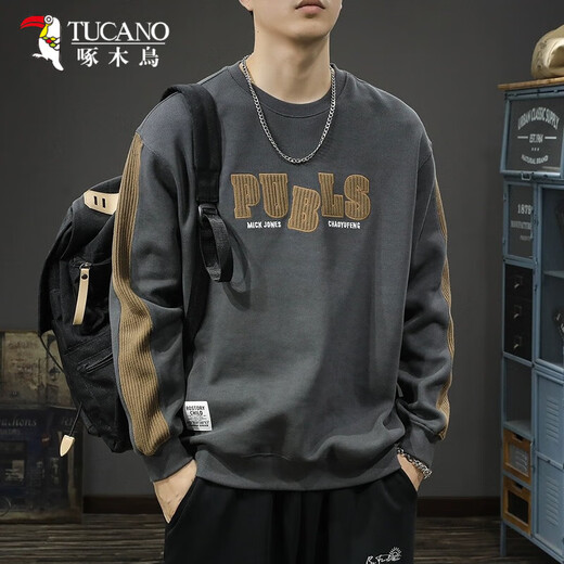 Woodpecker (TUCANO) spring 2026 new sweatshirt men's loose large size spring and autumn sports trendy brand long-sleeved tops handsome casual jacket dark gray XL suitable weight 140-160Jin Jin equals 0.5 kg