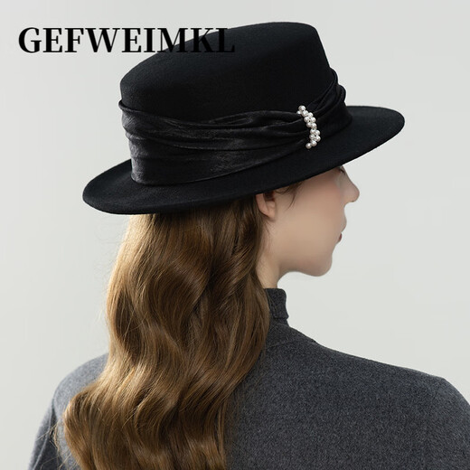 GEFWEIMKL Merino Wool Hat Women's Autumn and Winter New French Retro Elegant Flat Top Wool Hat Satin Pearl Women Enamel Burgundy Adjustable (56-58cm)