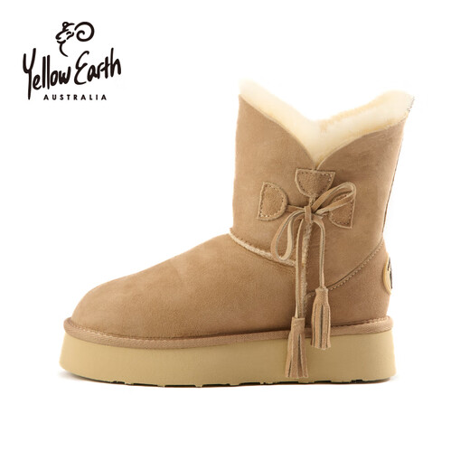 Yellow Earth2025 Autumn and Winter Snow Boots Women's Sheepskin One-Piece Fringe Lace-Up Short Boots 67R Sand Color 39
