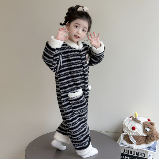 Cool sheep children's one-piece pajamas winter warm flannel children's baby sleeping bag winter thickened girls striped home clothes dark gray 140