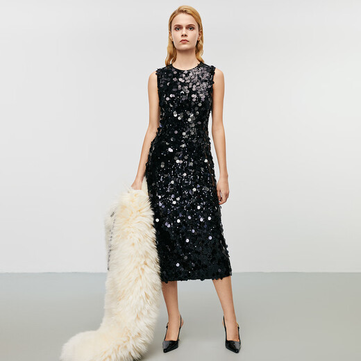 EITIE high-end heavy industry sequin evening dress autumn and winter new sleeveless waist banquet women's wear 8077702 minimalist black 20 S (155)