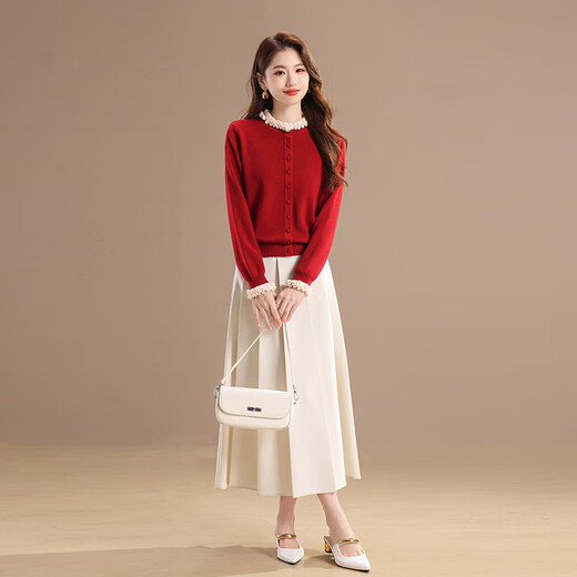 Qianbainian retro fungus-edged wool knitted cardigan for women in autumn and winter new sweet age-reducing sweater base coat red XXL