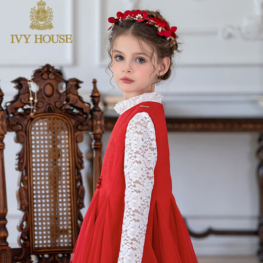 IVY HOUSE children's clothing for girls and older children in autumn and winter new style mesh high-end dress floral texture vest dress New Year's wear red 150