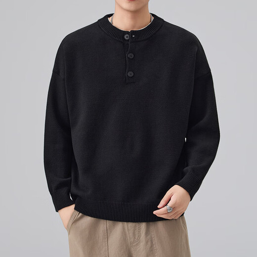 Plunging Henry collar sweater for men in autumn, loose and casual, lazy style, long-sleeved bottoming shirt for men BM2839 black XL recommended 145-160Jin Jin is equal to 0.5 kg