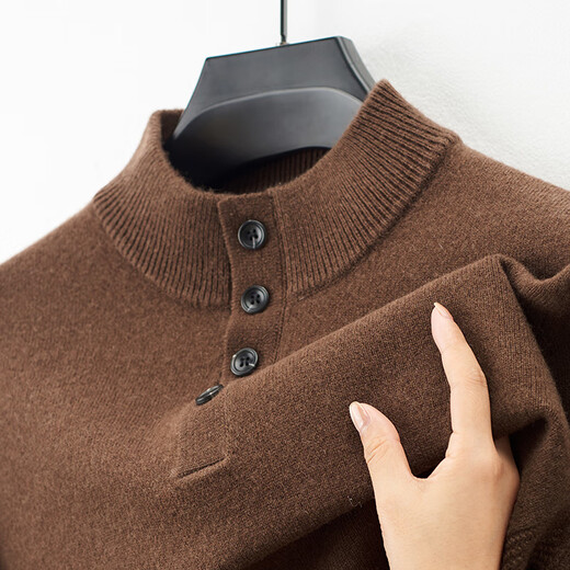 SEMALAM2025 autumn and winter new style wool thickened Henry collar button solid color pure wool warm simple men's knitted sweater brown M