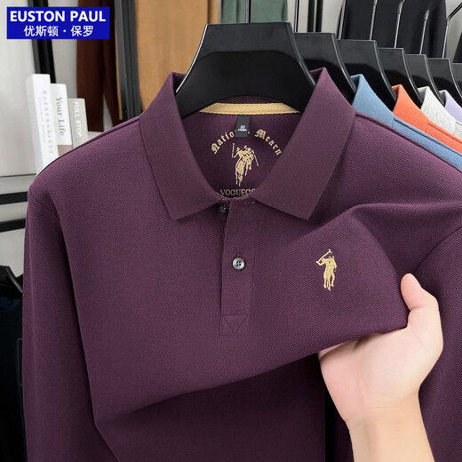 EUSTON PAUL Authentic Autumn New 100% Cotton Men's Long-Sleeved T-Shirt High-end Lapel Embroidery Versatile POLO Shirt for Young and Middle-aged People Black 2XL (54) Weight 155-170Jin Jin is equal to 0.5 kg