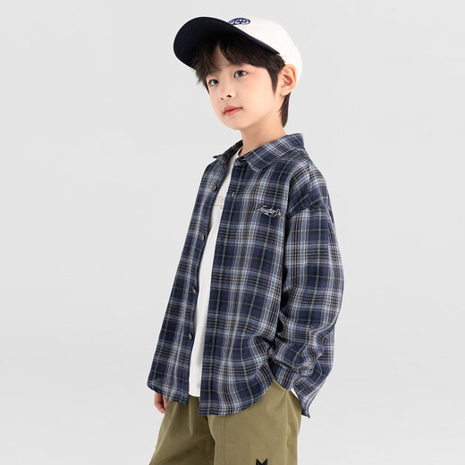 Duojia salt-style literary style boys' shirts 2025 autumn handsome and refreshing small blue checkered long-sleeved children's cotton tops blue checkered 130