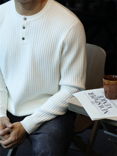 Men's 2025 new men's clothing simple antique texture long-sleeved henley sweater men's sweater old money black antique heavy jacquard texture M recommended 120 Jin Jin equals 0.5 kg One size