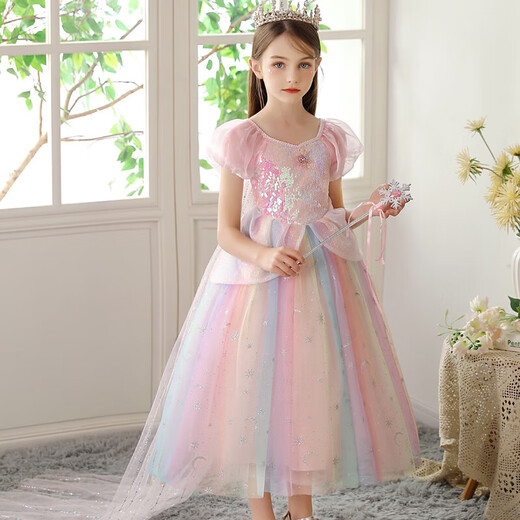 2025 New Summer Elsa Princess Dress Pink Colorful Short-Sleeved Children's Dress Puff Skirt Western Style High-End Pink Neon Princess Dress with Veil 150