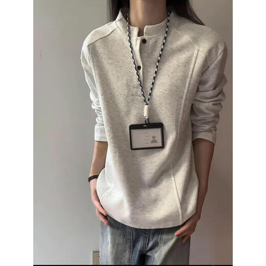 Dingyuan sweatshirt men's autumn new American deconstructed polo Henry collar design right shoulder loose long-sleeved T-shirt bottoming shirt white gray XL recommended 120-140Jin Jin equals 0.5 kg