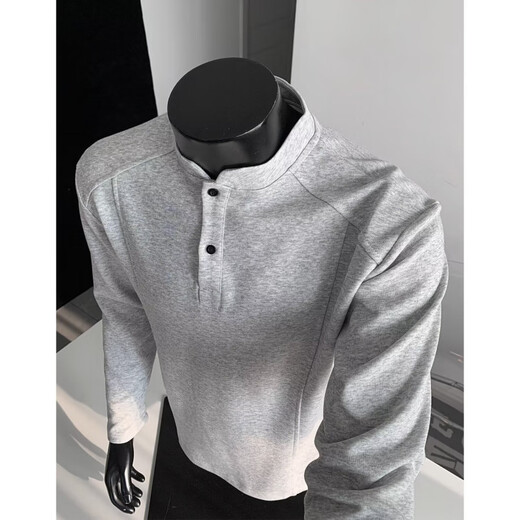 Yiqun Henry collar long-sleeved T-shirt sweatshirt for men in autumn deconstructed splicing design right shoulder bottoming shirt casual versatile POLO shirt light gray XL recommended 120-140Jin Jin equals 0.5 kg