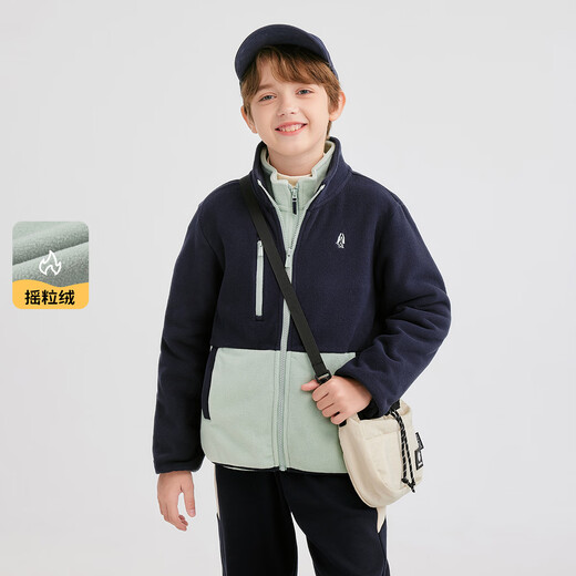 Hush Puppies children's clothing for boys and girls 2025 new autumn style vibrant contrasting color polar fleece jacket, navy blue 140 cm