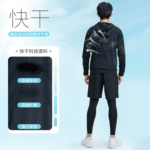 Li Ning Sports Suit Men's Running Gym Clothing Fitness Autumn Quick-Drying Clothes Tight Long-Sleeved Morning Running Cycling Training Clothes Four Seasons Worry-free Five-piece Set Elite Black XL/180 (150-165Jin Jin equals 0.5kg)