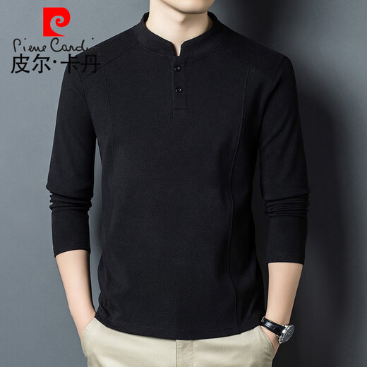 Pierre Cardin 2025 Autumn and Winter Double-sided German Velvet Bottoming Shirt Men's Henley Collar Trendy Versatile Long Sleeve T-Shirt Stand Collar Sweatshirt Men White D509 2XL