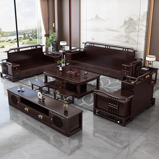 No. 1 Haoting solid wood sofa living room 2025 new style new Chinese furniture small apartment single double triple combination storage 9906# five + expensive + drawer coffee table + TV cabinet + single person storage style cotton and linen cushions