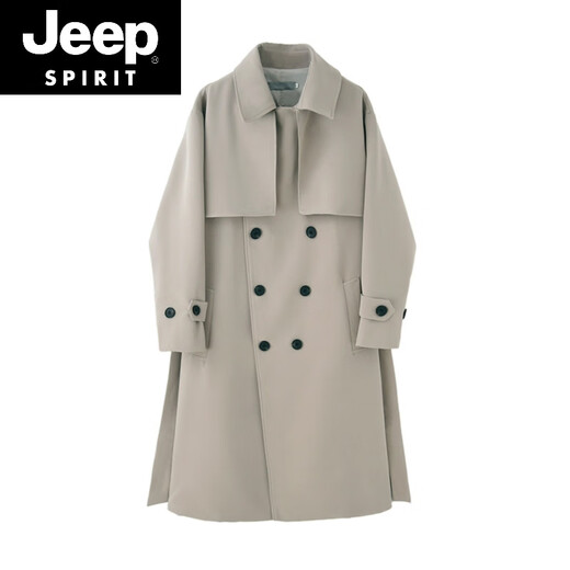 JEEP SPIRIT Korean style windbreaker men's mid-length trendy loose over-the-knee British double-breasted coat autumn and winter thickened casual coat khaki gray plus cotton S 100-120Jin Jin is equal to 0.5 kg