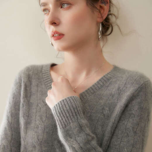 SENLIYA international light luxury high-end cashmere sweater cashmere sweater women's round neck twist thickened solid color pullover sweater knitted versatile elegant gray S