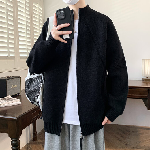 FKDK cardigan sweater men's autumn and winter lamb velvet sweater jacket men's trendy loose zipper thickened casual sweater gray XL