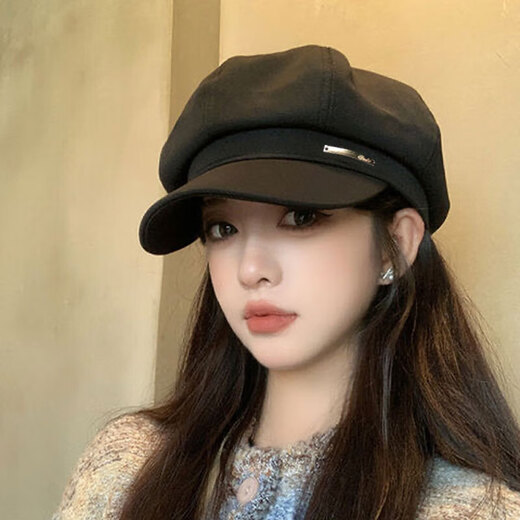 Pu Lian beret women's spring and summer octagonal hat versatile 24 new style big head circumference showing face small Korean printmaker cap peaked cap beret black one size