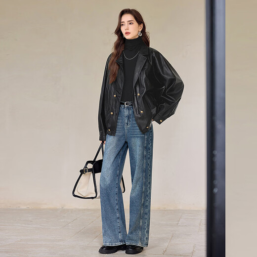她池帅气PU皮机车夹克女2025秋装新款西装领宽松显瘦外套