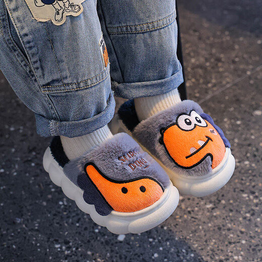 Children's cotton slippers autumn and winter boys indoor home 2025 new baby girl child dinosaur anti-slip parent-child slippers upgraded version gray slippers 12 26/27 size (shoe length 16CM suitable for feet 15