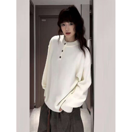 XUANSENTU American retro Henry collar sweater for men in autumn and winter, lazy and relaxed sweater style inner layering shirt, trendy off-white L