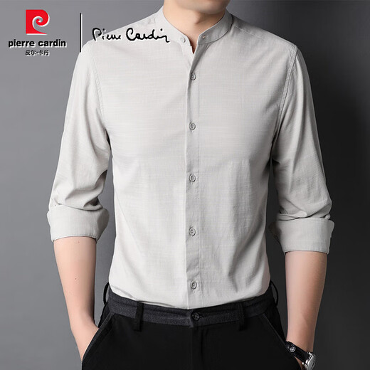 Pierre Cardin stand collar long-sleeved shirt men's spring and autumn new high-end Henry collar business casual solid color no-iron shirt, light gray no-iron anti-wrinkle S 165/80A