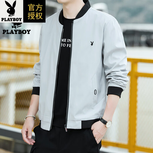 Playboy (PLAYBOY) pure cotton jacket men's spring and autumn casual thin breathable baseball uniform versatile slim top middle-aged men's jacket 2030 black (spring and autumn) 2XL 135-150Jin Jin equals 0.5 kg