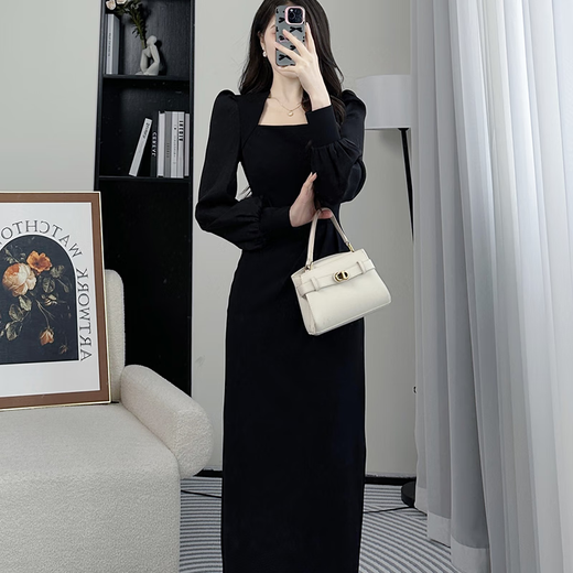 Bangboshi Black Dress Women's 2025 Autumn New Slim Fit Square Neck High-Quality French Casual Long Dress French Square Neck Black Dress Long Sleeve M Suitable (101-115)