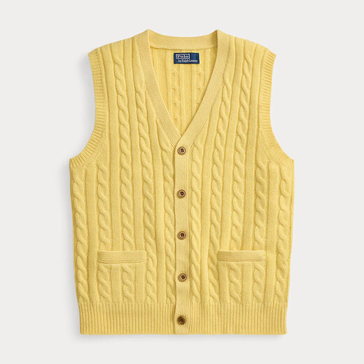 RALPH LAUREN Ralph Lauren Autumn and Winter New American Edition Men's Knitted Wool Vest Cable-Knit Cable Knit Cardigan Vest Yellow/Fall Yellow XS