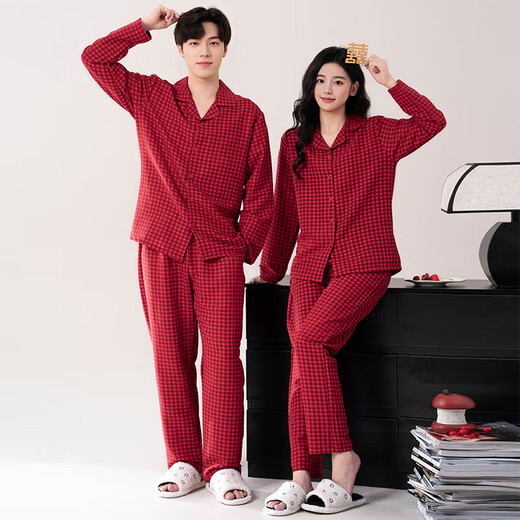 FENTENGCARE Couple Pajamas Women's Autumn and Winter New Red Festive Wedding Long Sleeve Cardigan Lapel Home Clothing for Men