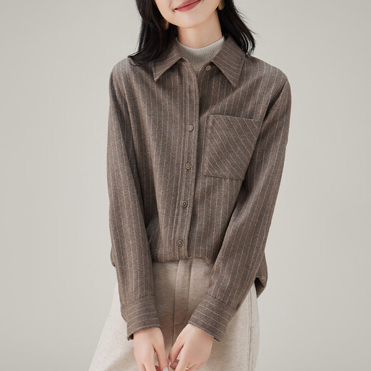 SOFSIL Sheep Wool Striped Shirt 2025 Autumn and Winter Fashionable Commuting Versatile Casual Women's Shirt Top Oatmeal S