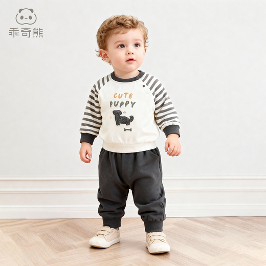 乖奇熊宝宝秋冬季纯棉抓绒分体套装婴儿童保暖卫衣上衣服裤子两件套春秋