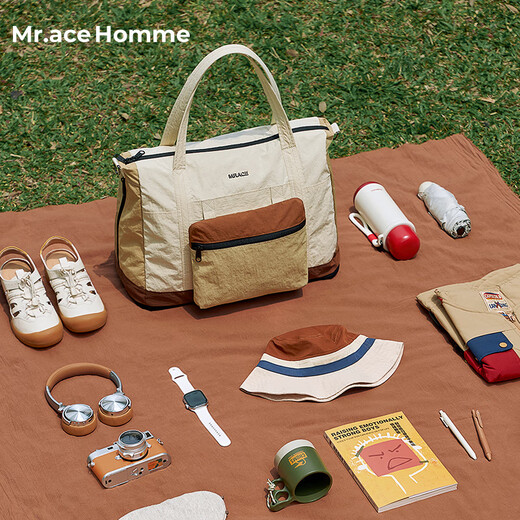 Mr.ace Homme portable short-distance travel bag women's foldable large-capacity storage sports bag travel boarding luggage bag men's wheat brown