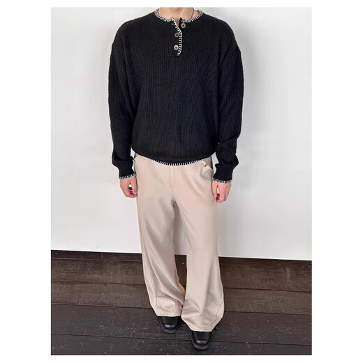 Zhi Sheng Ji Henley collar sweater men's autumn and winter American retro lazy style Korean style loose knitted sweater casual top black M