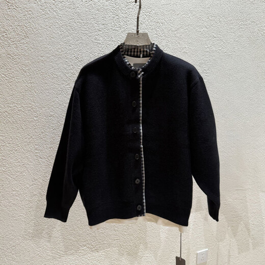 XUANSENTU fake two-piece plaid patchwork sweater loose lazy style cardigan jacket men's Henry collar American retro sweater black L