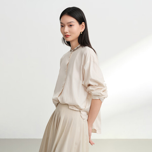 EP Yaying 2025 Autumn New Women's Clothing Stand Collar Simple Beige Relaxed Long Sleeve Single-breasted Shirt 2217A Beige M
