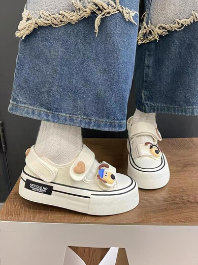 Sommer atmungsaktive Canvas-Schuhe für Damen 2025 neue vielseitige weiße Schuhe für Damen Sternmuster Klettverschluss-Schuhe gebrochenes Weiß 37