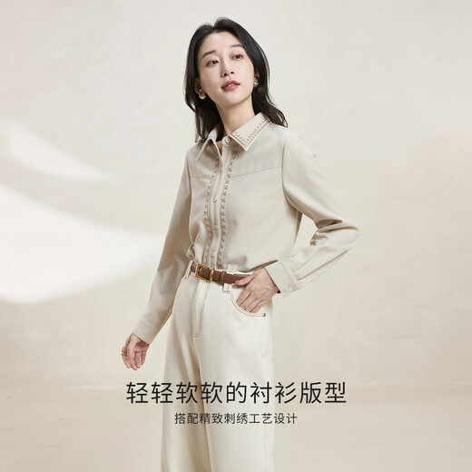 Xiran 2025 winter new style commuting simple and versatile temperament casual loose slimming embroidered long-sleeved shirt for women light khaki XL