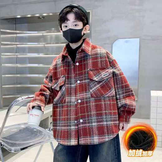 Boys' coat all-in-one velvet 2025 new children's outer shirt autumn and winter fashion woolen plaid top for big children TZ-3124 plaid hooded jacket - red 140 cm suitable for height 130-140cm