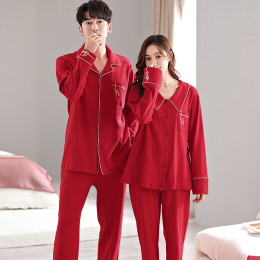 Cat Couple Pajamas Women's Pure Cotton Zodiac Year Red Festive Autumn and Winter Wedding Suits Men's Home Clothes Daily Good Dreams Pure Cotton Comfortable Happy Red 3XL Men's Recommended 180-200 Jin Jin equals 0.5 kg