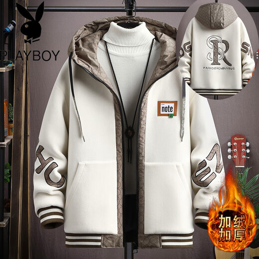 Playboy (PLAYBOY) Chinese style velvet jacket men's 2025 autumn and winter thickened jacket teenagers warm Austrian velvet cotton coat 2307 beige white velvet thickened XL 130-150Jin Jin equals 0.5kg /170-175cm