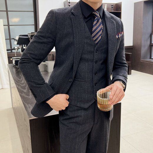 Lilang Autumn and Winter Thick Wool Suit Men's Striped Woolen Business Casual Suit Korean Slim Wedding Dress Dark Gray Suit+Vest+Trousers 3XL 56
