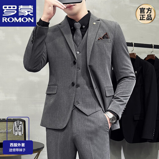 ROMON Groom's Suit Men's Business Professional Formal Wedding Dress Casual British Style Slim Suit Jacket Medium Gray Two-Button 3-piece Suit + Vest + Pants L 110-122 Jin Jin equals 0.5 kg Wear