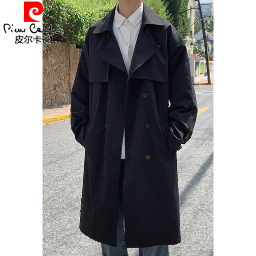 Pierre Cardin Balmacen trench coat men's mid-length autumn mature style godfather coat waisted Kensington German clerical coat black M
