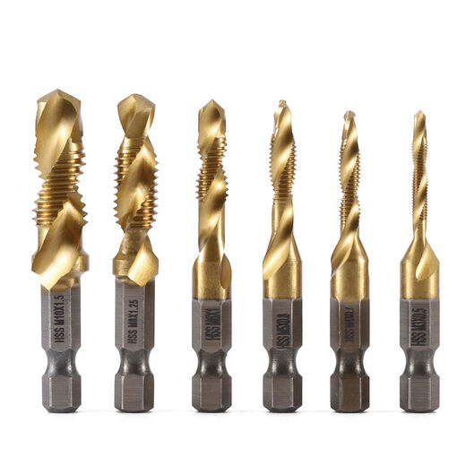 Lanlian composite tap for drilling and tapping machine, titanium-plated hexagonal handle thread tapping, electric drill bit tap set, 6pc short gold M3M4M5M6M8M10