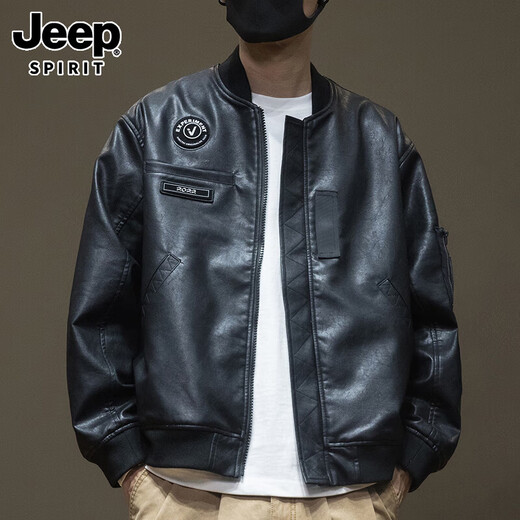 JEEP SPIRIT Genuine Jeep High-end Jacket Men's 2026 Spring and Summer New Retro PU Leather Jacket Men's American Motorcycle Spring and Autumn Jacket Men Black PU Leather M Weight 120 130 Jin Jin equals 0.5 kg
