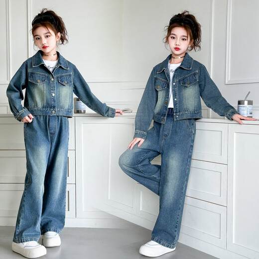 WOATI International Imported Big Brand Children's Clothing Girls Autumn Denim Suit 2025 New Children's Fashionable Spring and Autumn Medium and Large Blue Jacket + Pants 130 cm