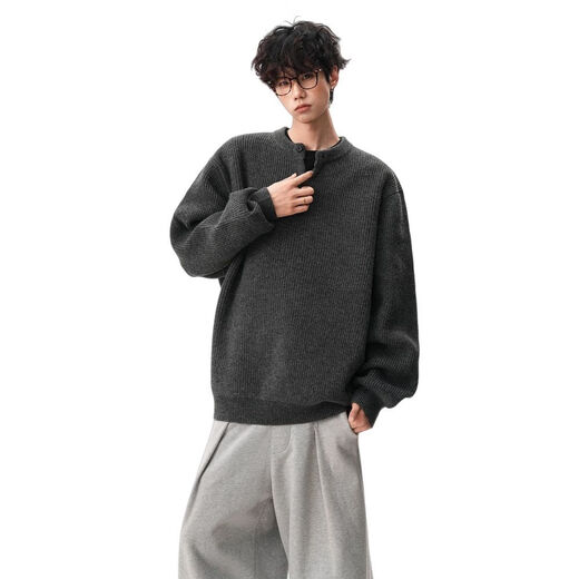 SWAMP AREA American retro Henry collar button sweater for men in winter loose lazy bottoming pullover sweater black upgraded model M